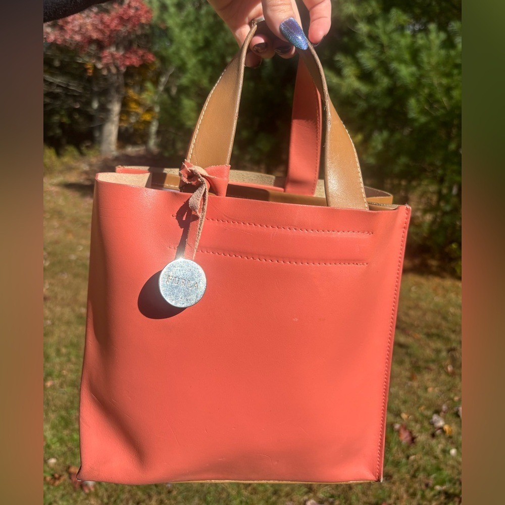 Furla Coral and Tan‎ leather  coral and tan hand Bag 10"x8"x5"